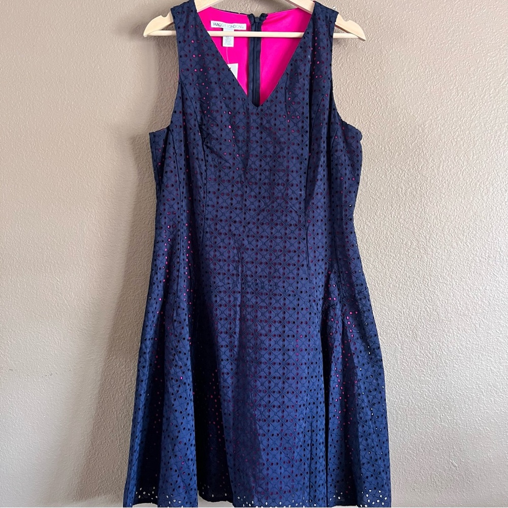 Maggy London Jovinie V-Neck Eyelet Navy and Pink Midi Dress Size 14 NWT